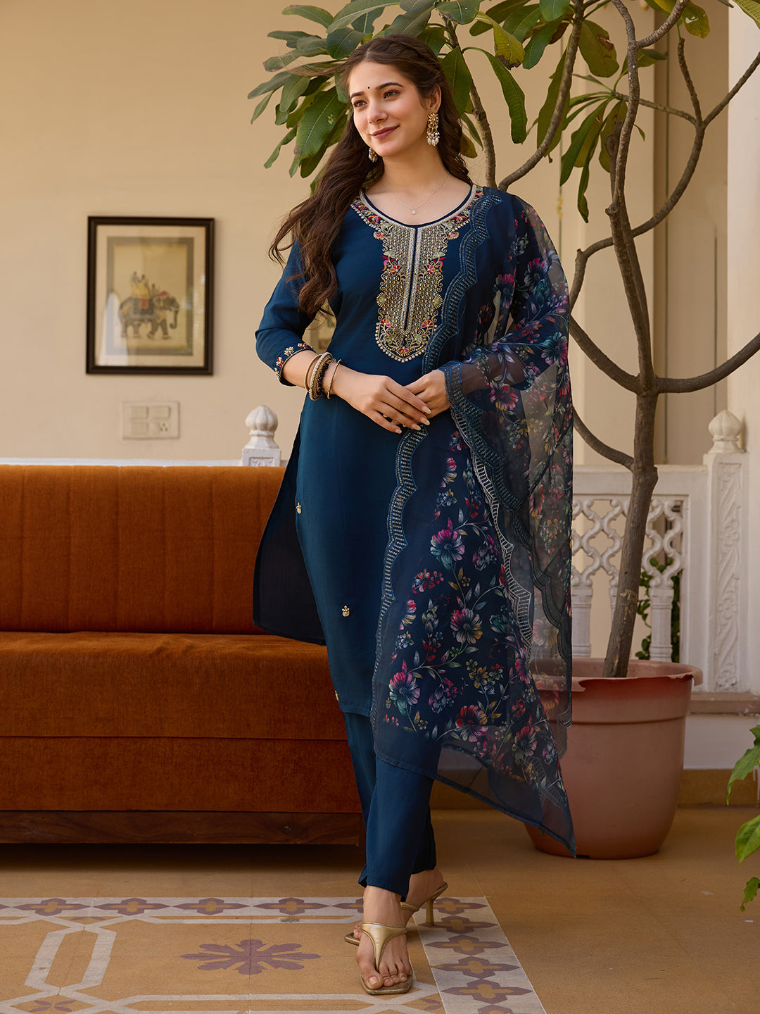 Sonakshi Women's Navy Blue Viscose Chanderi Embroidered Beads Kurta Set with Dupatta - Distacart