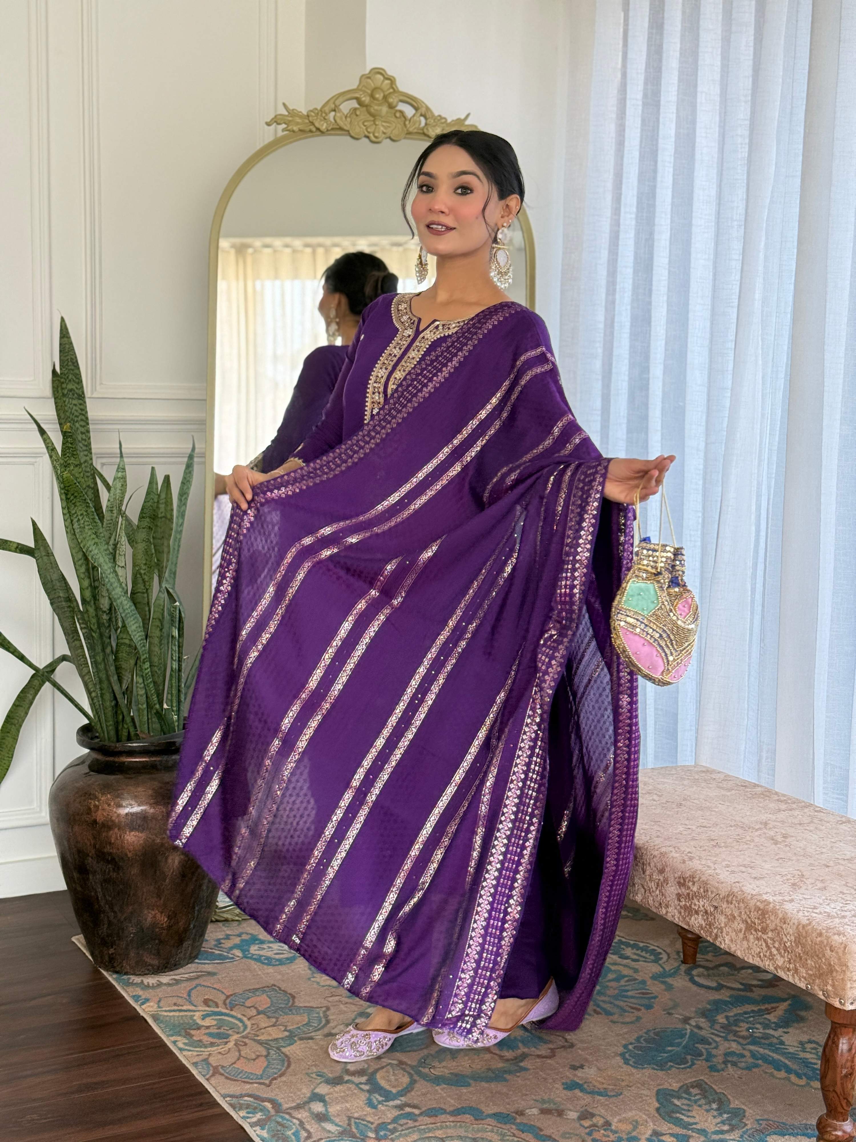 Sonakshi Women's Purple Viscose Chanderi Kurta Set with Dupatta