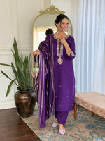 Thumbnail for Sonakshi Women's Purple Viscose Chanderi Kurta Set with Dupatta