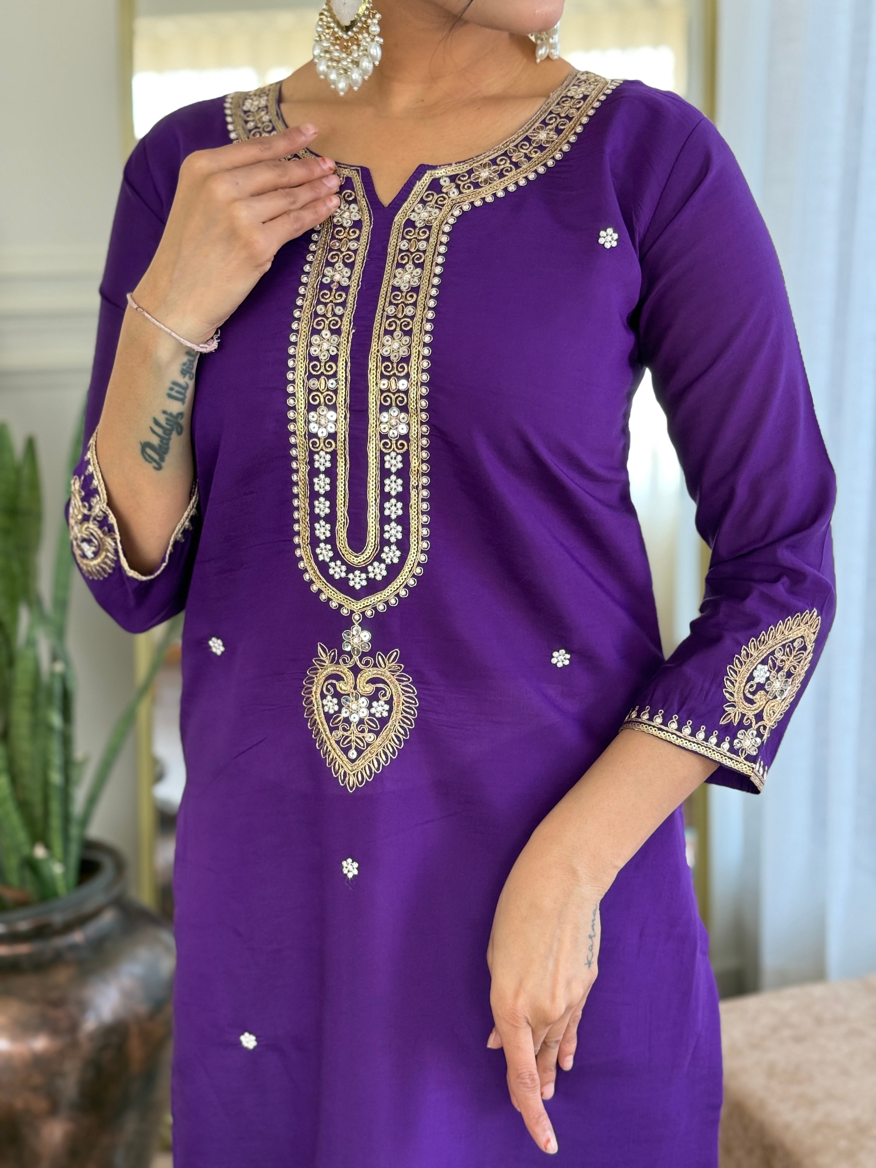 Sonakshi Women's Purple Viscose Chanderi Kurta Set with Dupatta