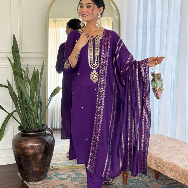 Sonakshi Women's Purple Viscose Chanderi Kurta Set with Dupatta - Distacart