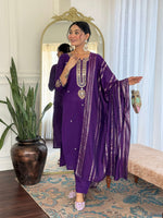 Thumbnail for Sonakshi Women's Purple Viscose Chanderi Kurta Set with Dupatta