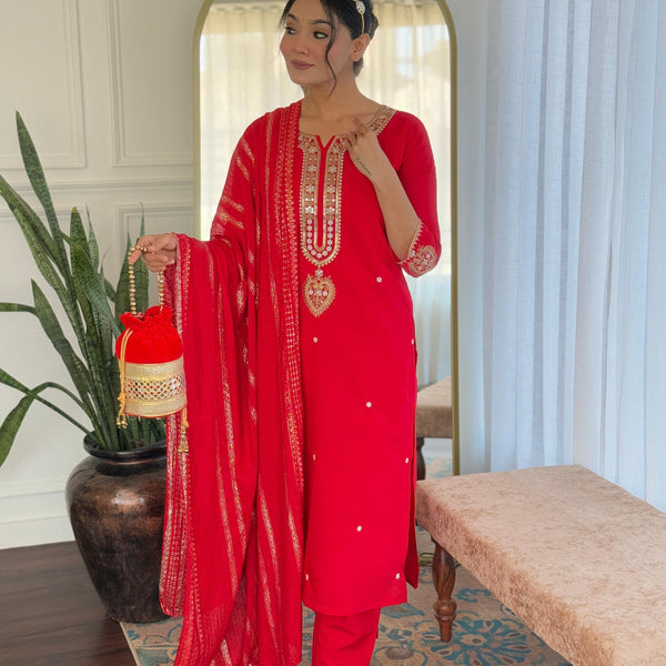 Sonakshi Women's Red Viscose Chanderi Kurta Set with Dupatta - Distacart