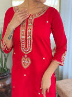 Thumbnail for Sonakshi Women's Red Viscose Chanderi Kurta Set with Dupatta