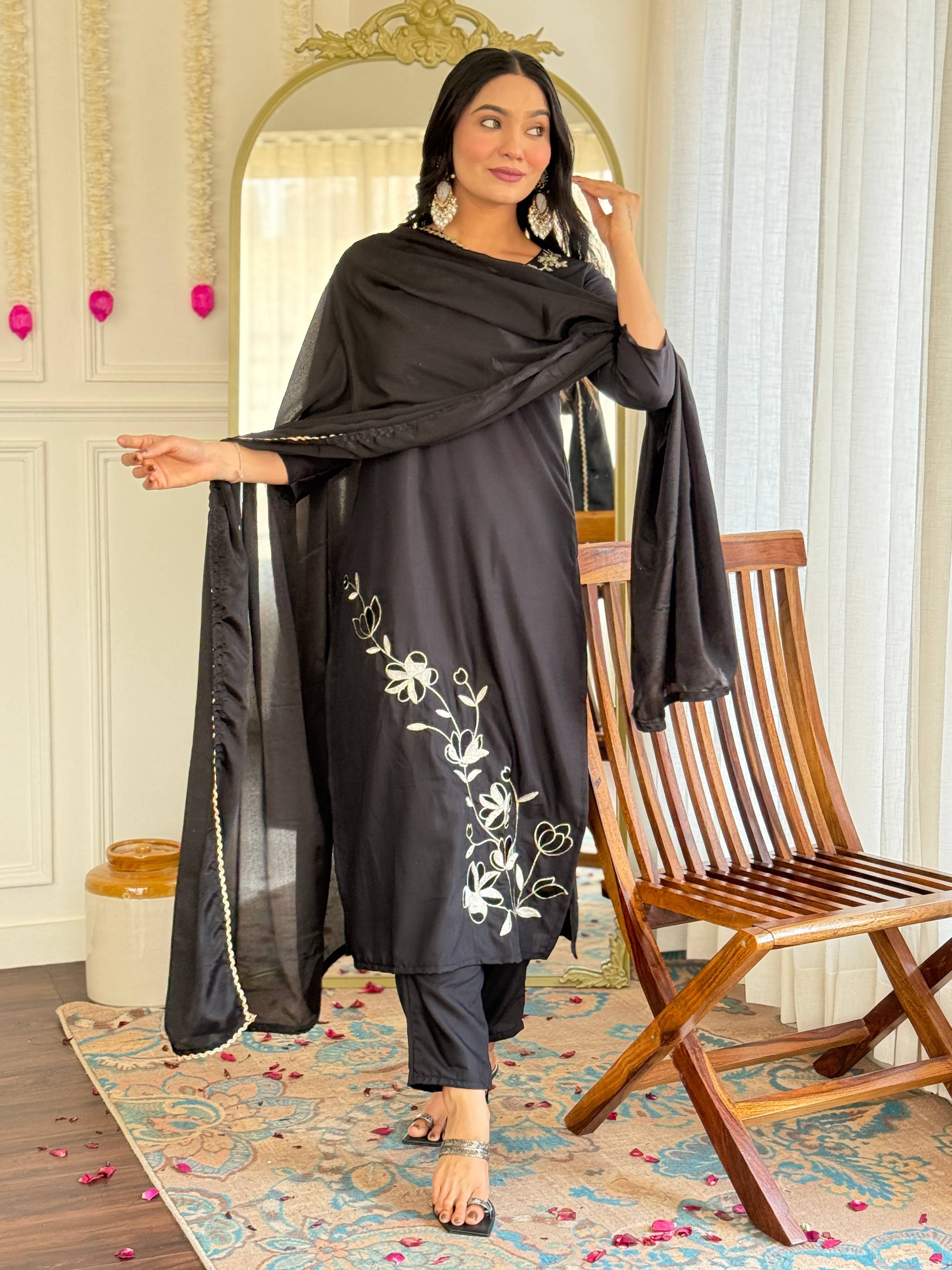 Sonakshi Women's Black Viscose Rayon Kurta Set with Dupatta