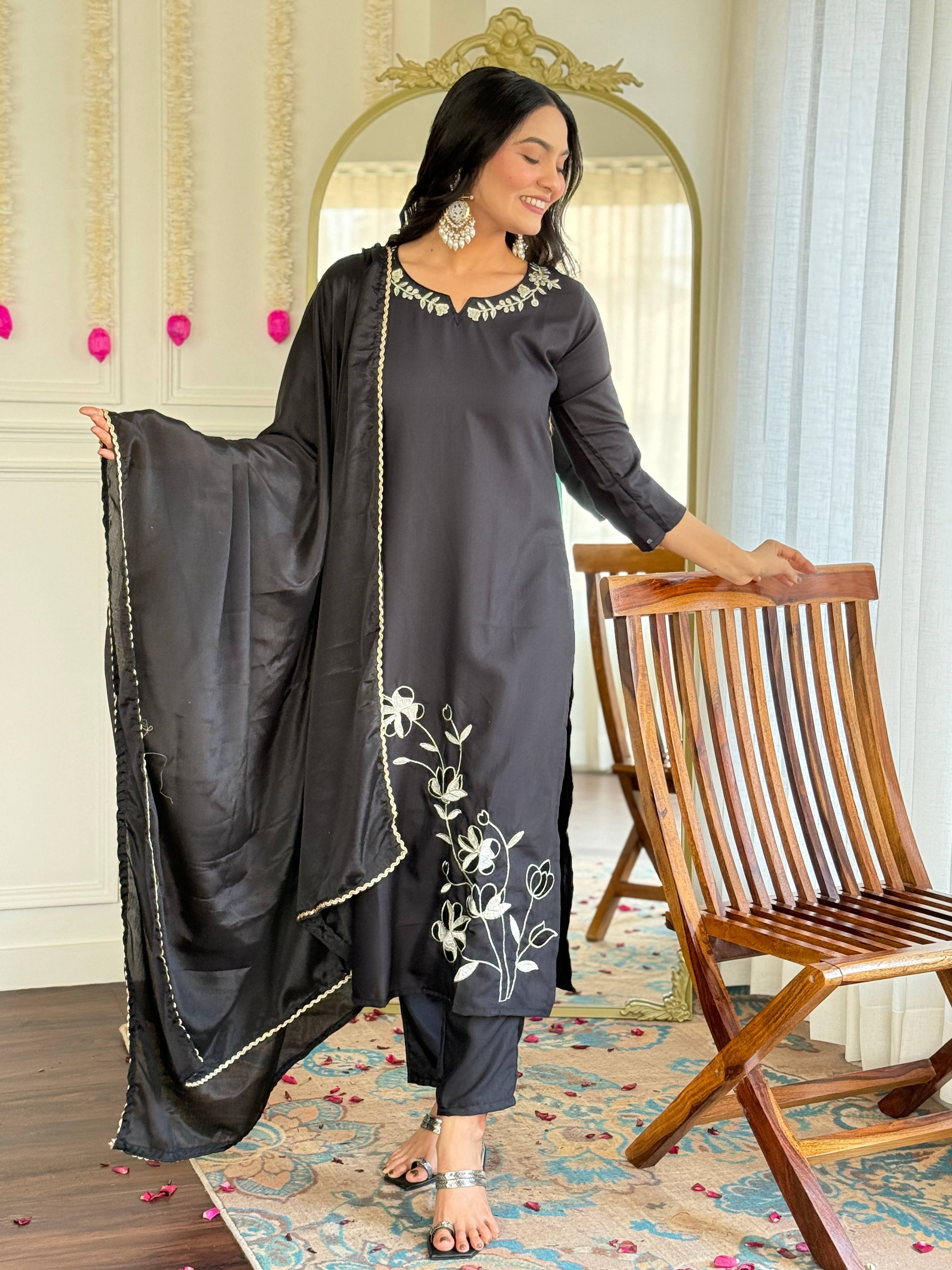 Sonakshi Women's Black Viscose Rayon Kurta Set with Dupatta