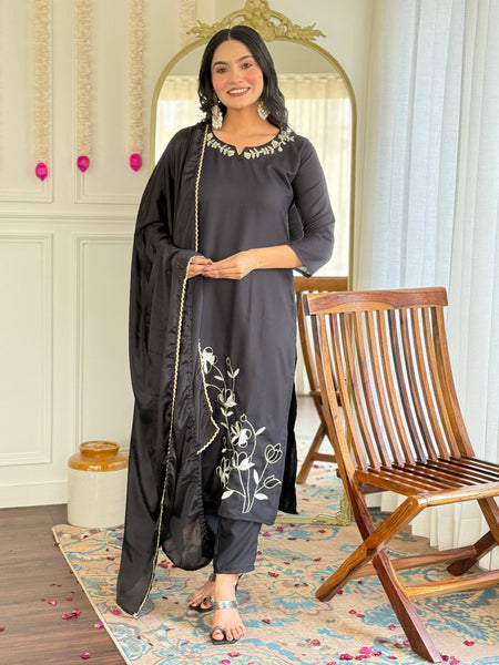 Sonakshi Women's Black Viscose Rayon Kurta Set with Dupatta