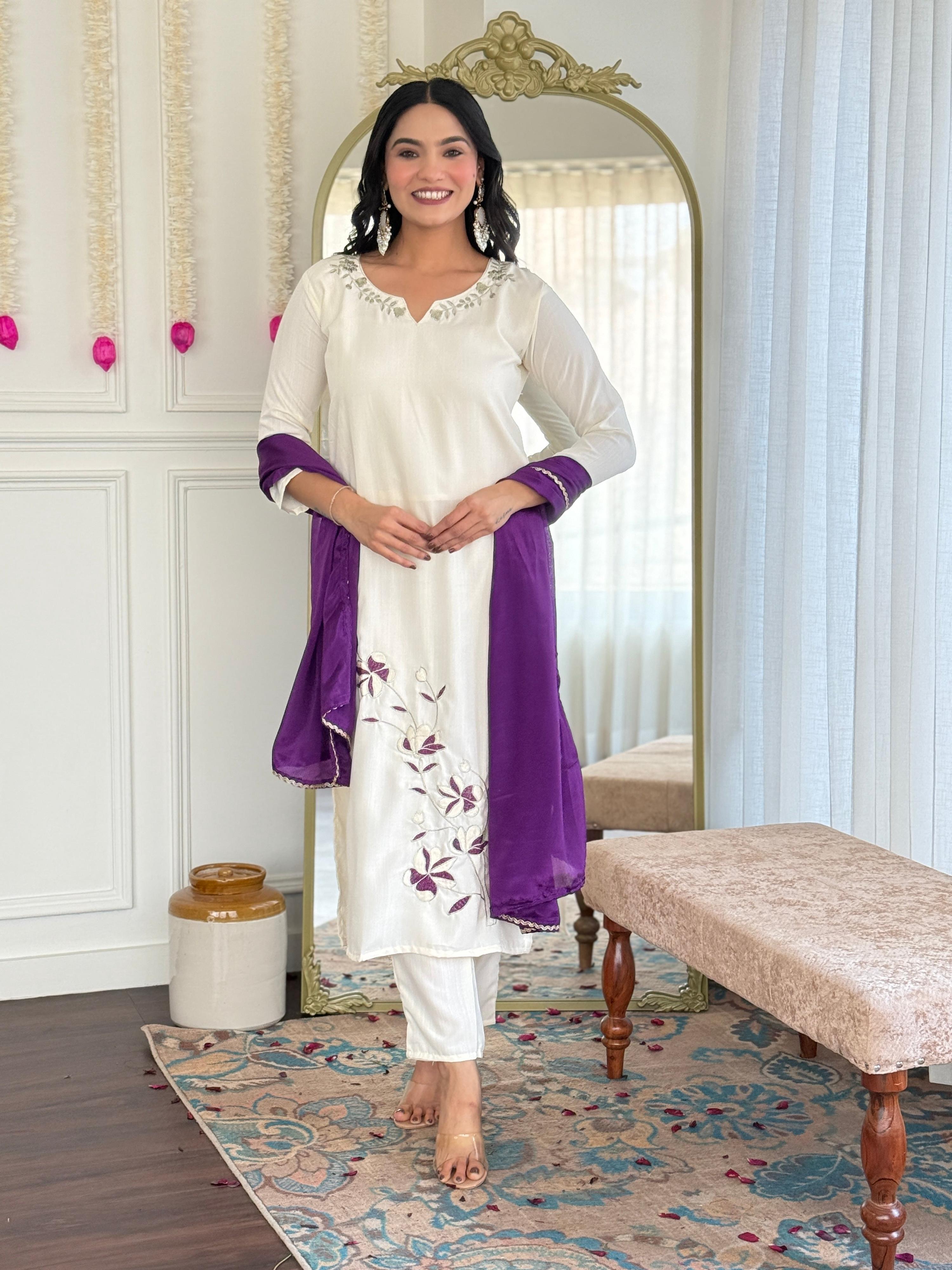 Sonakshi Women's Off White Viscose Rayon Kurta Set with Dupatta