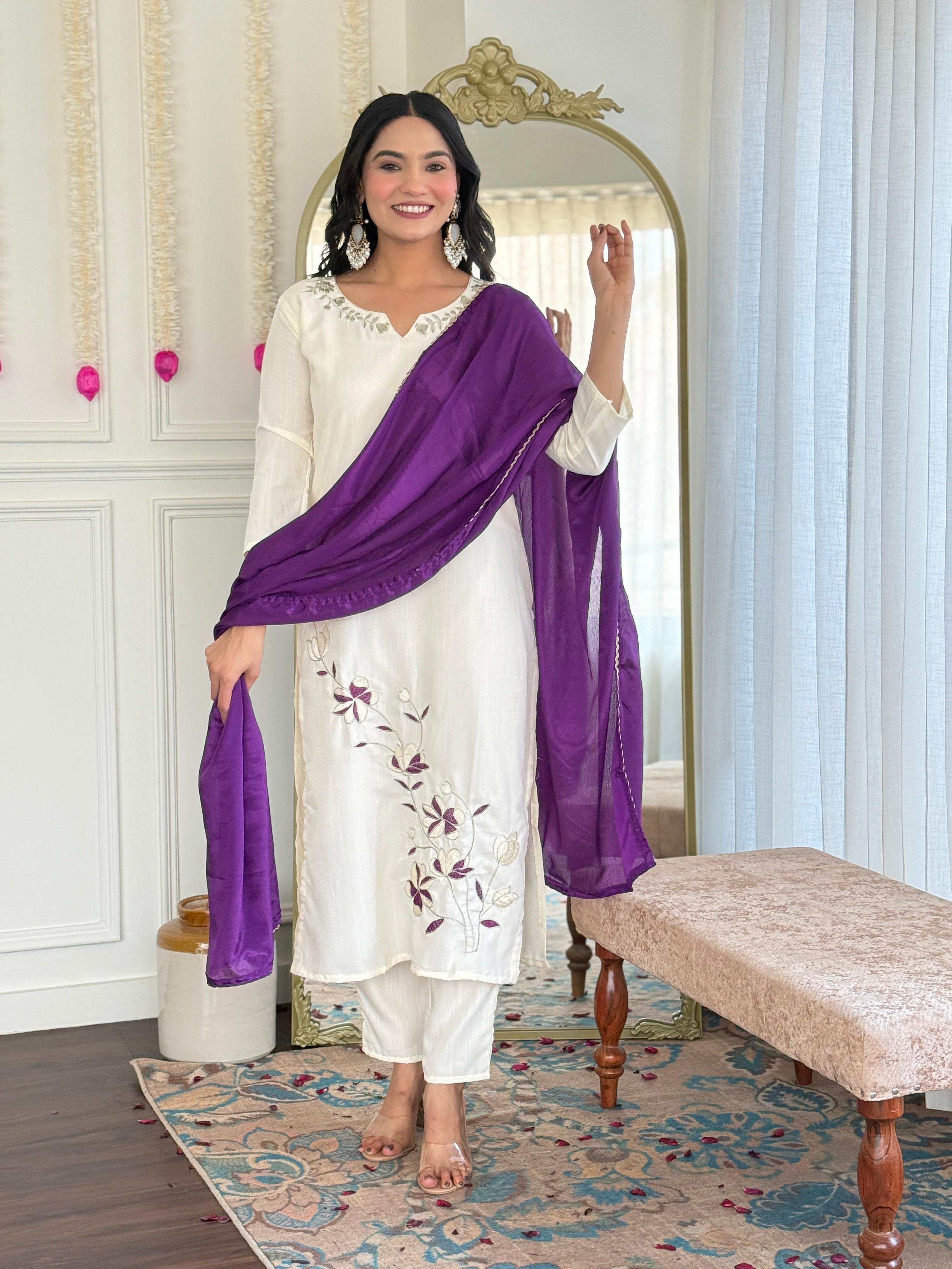 Sonakshi Women's Off White Viscose Rayon Kurta Set with Dupatta