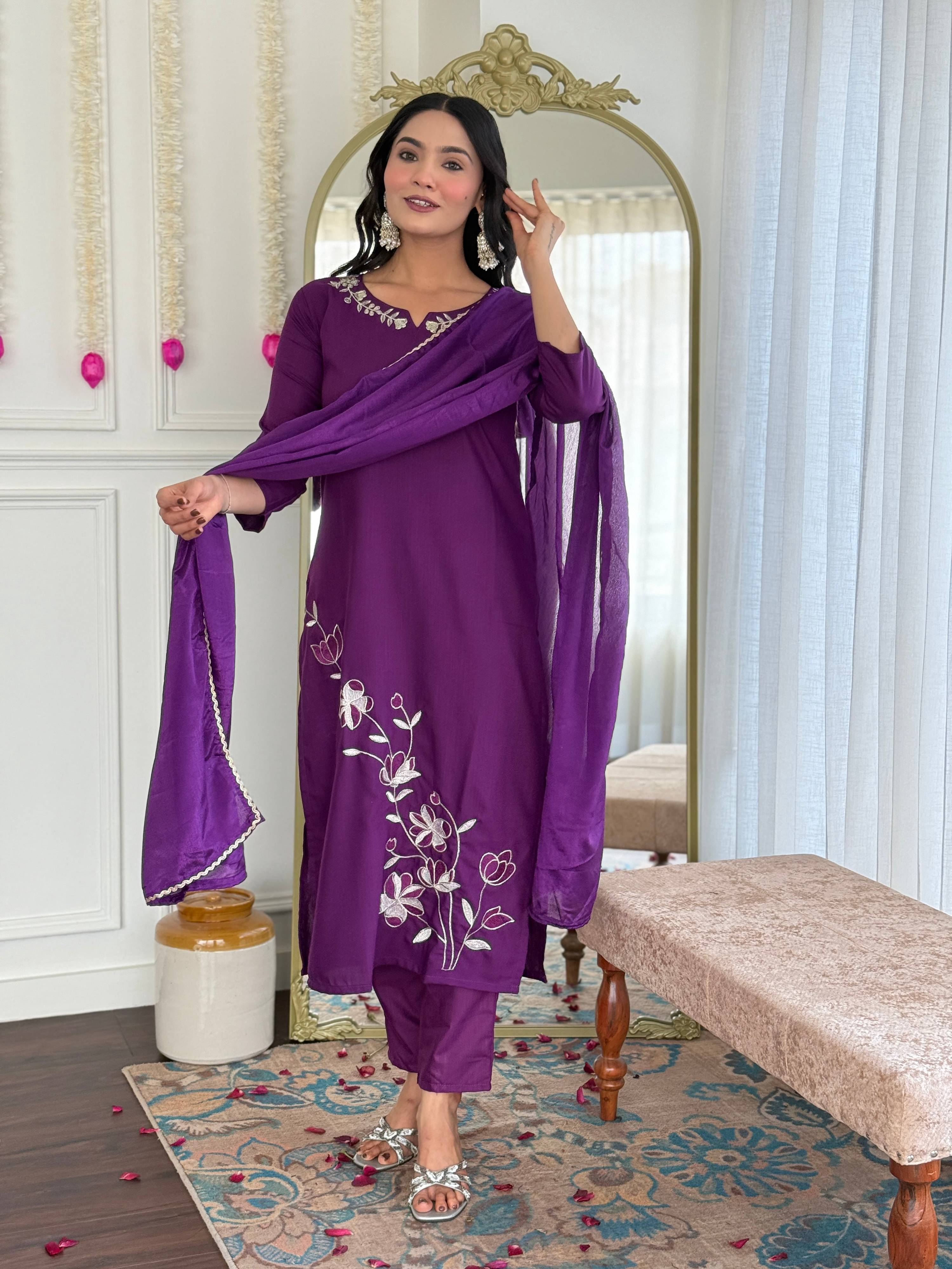 Sonakshi Women's Wine Viscose Rayon Kurta Set with Dupatta