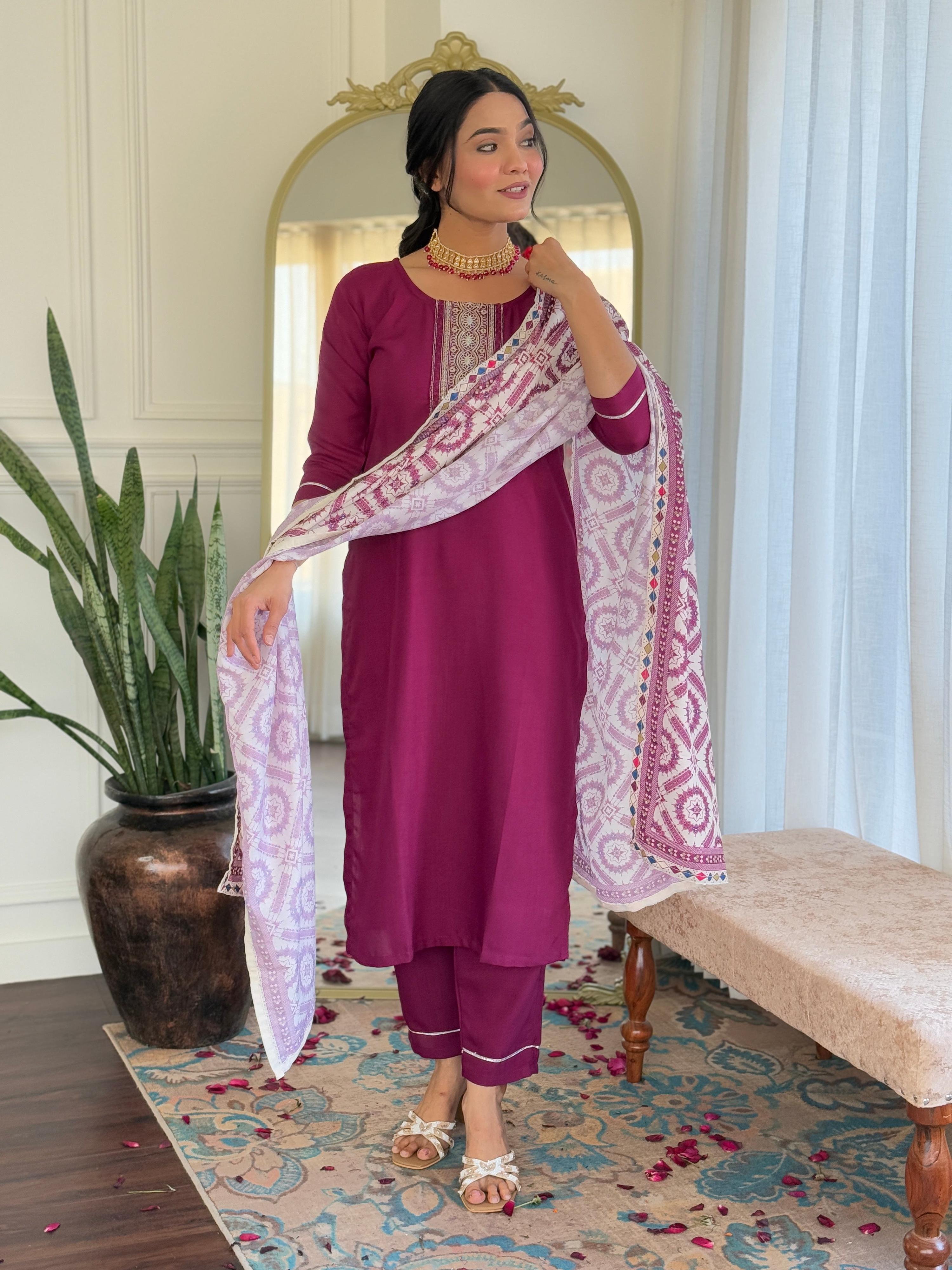 Sonakshi Women's Maroon Rayon Embroidered Kurta Set with Dupatta