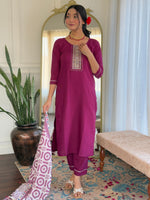 Thumbnail for Sonakshi Women's Maroon Rayon Embroidered Kurta Set with Dupatta