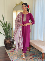 Thumbnail for Sonakshi Women's Maroon Rayon Embroidered Kurta Set with Dupatta