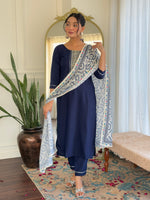 Thumbnail for Sonakshi Women's Navy Blue Rayon Embroidered Kurta Set with Dupatta