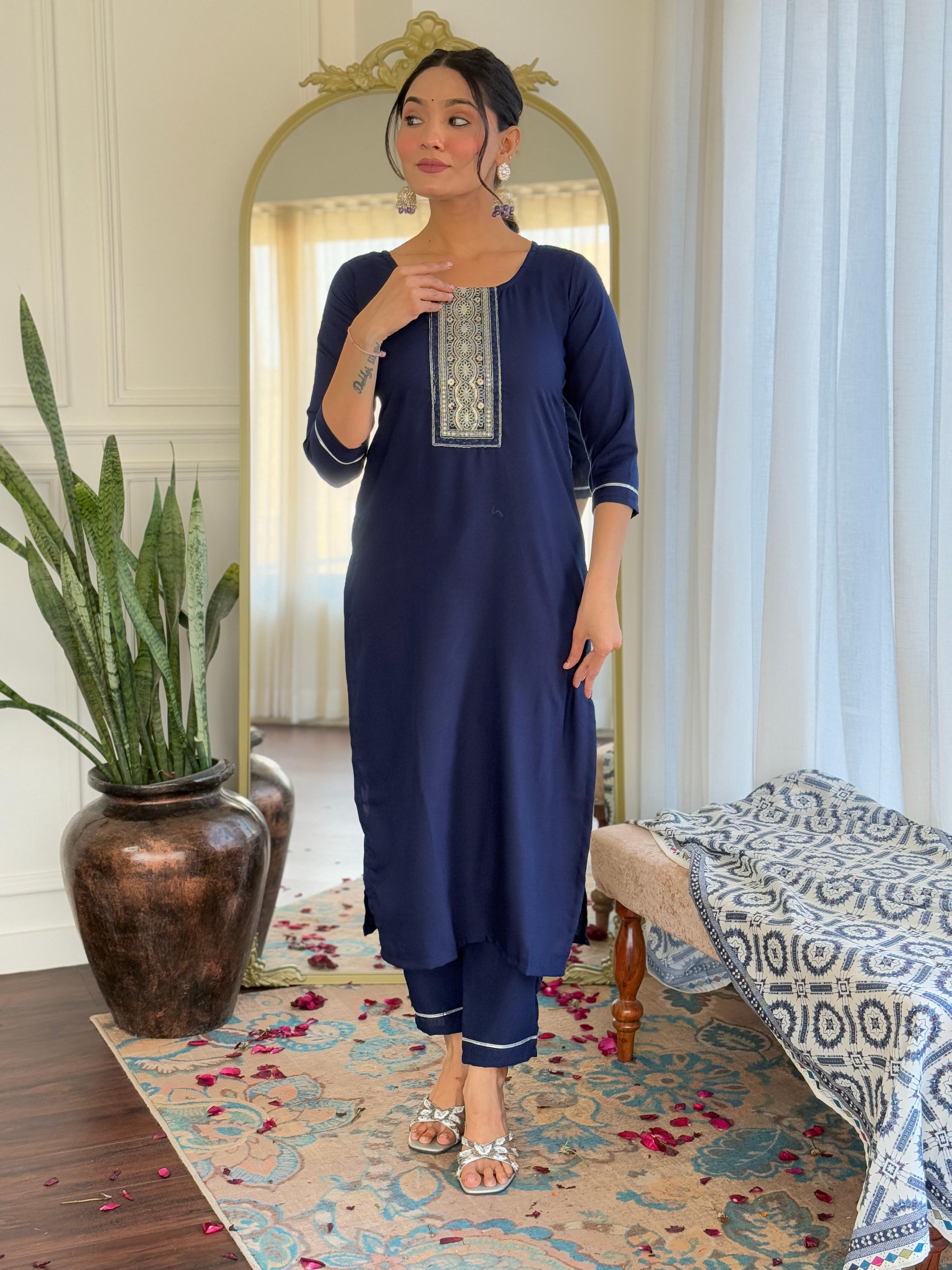 Sonakshi Women's Navy Blue Rayon Embroidered Kurta Set with Dupatta