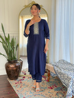 Thumbnail for Sonakshi Women's Navy Blue Rayon Embroidered Kurta Set with Dupatta