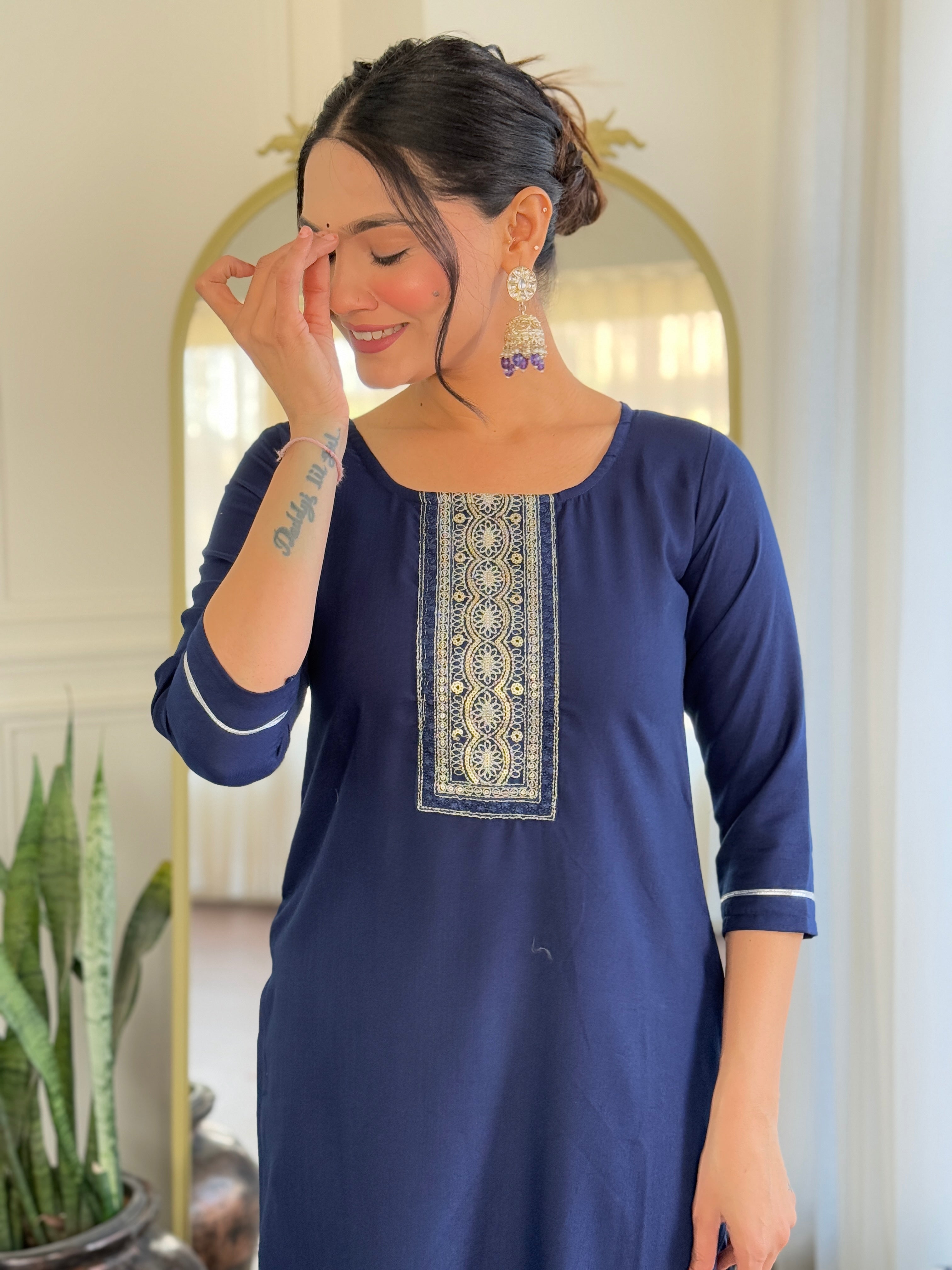 Sonakshi Women's Navy Blue Rayon Embroidered Kurta Set with Dupatta