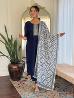 Thumbnail for Sonakshi Women's Navy Blue Rayon Embroidered Kurta Set with Dupatta