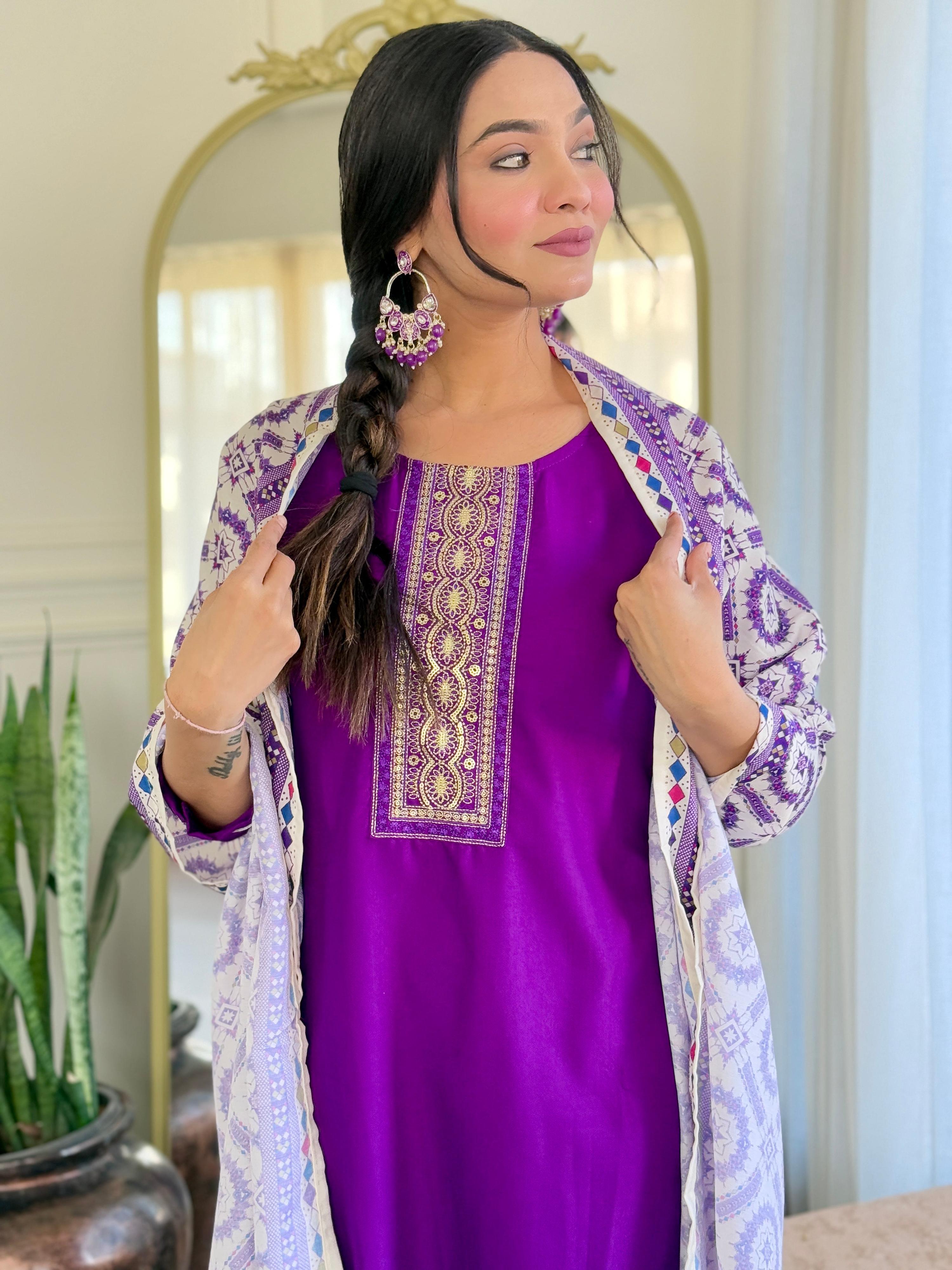 Sonakshi Women's Wine Rayon Embroidered Kurta Set with Dupatta