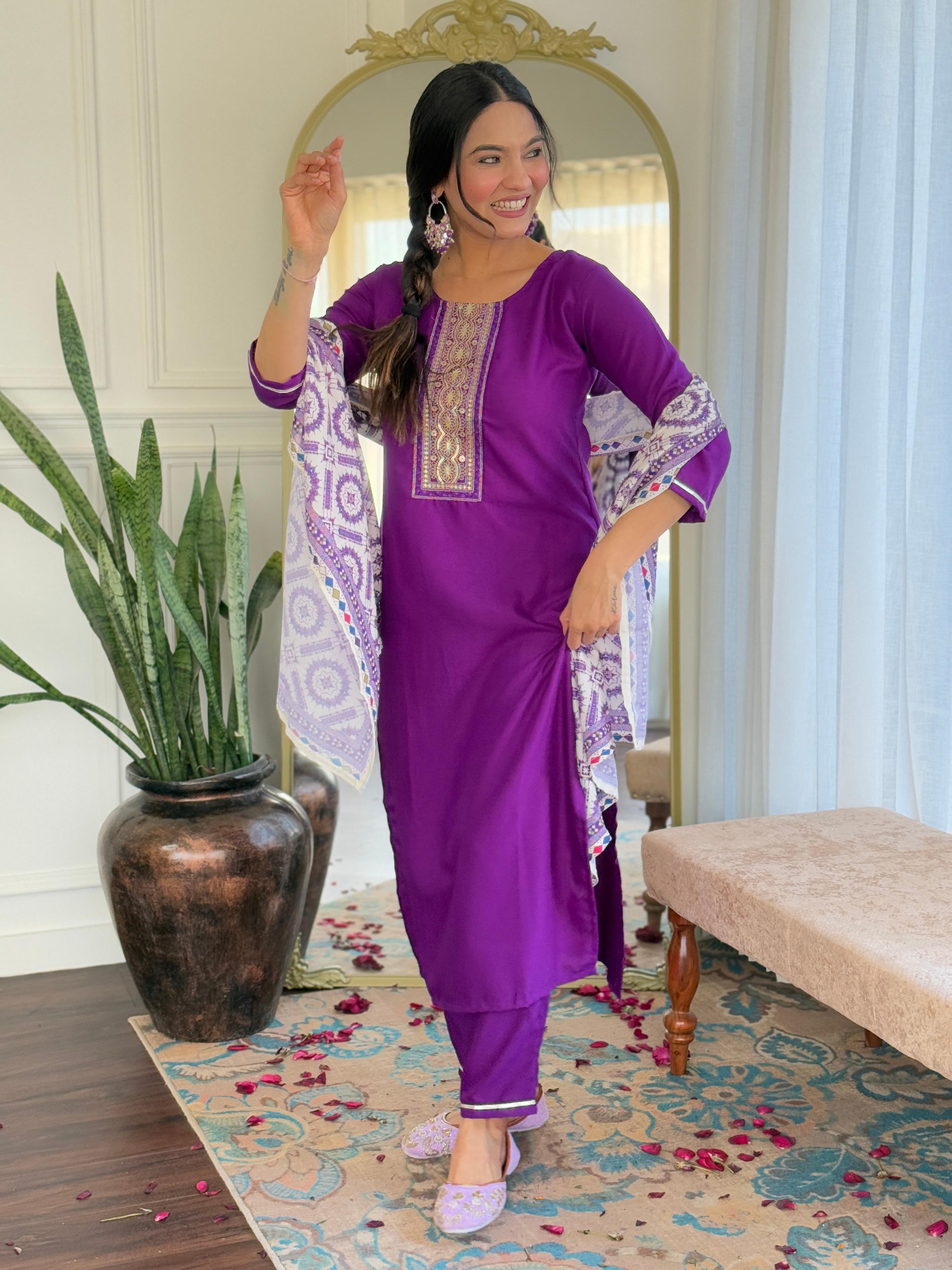 Sonakshi Women's Wine Rayon Embroidered Kurta Set with Dupatta