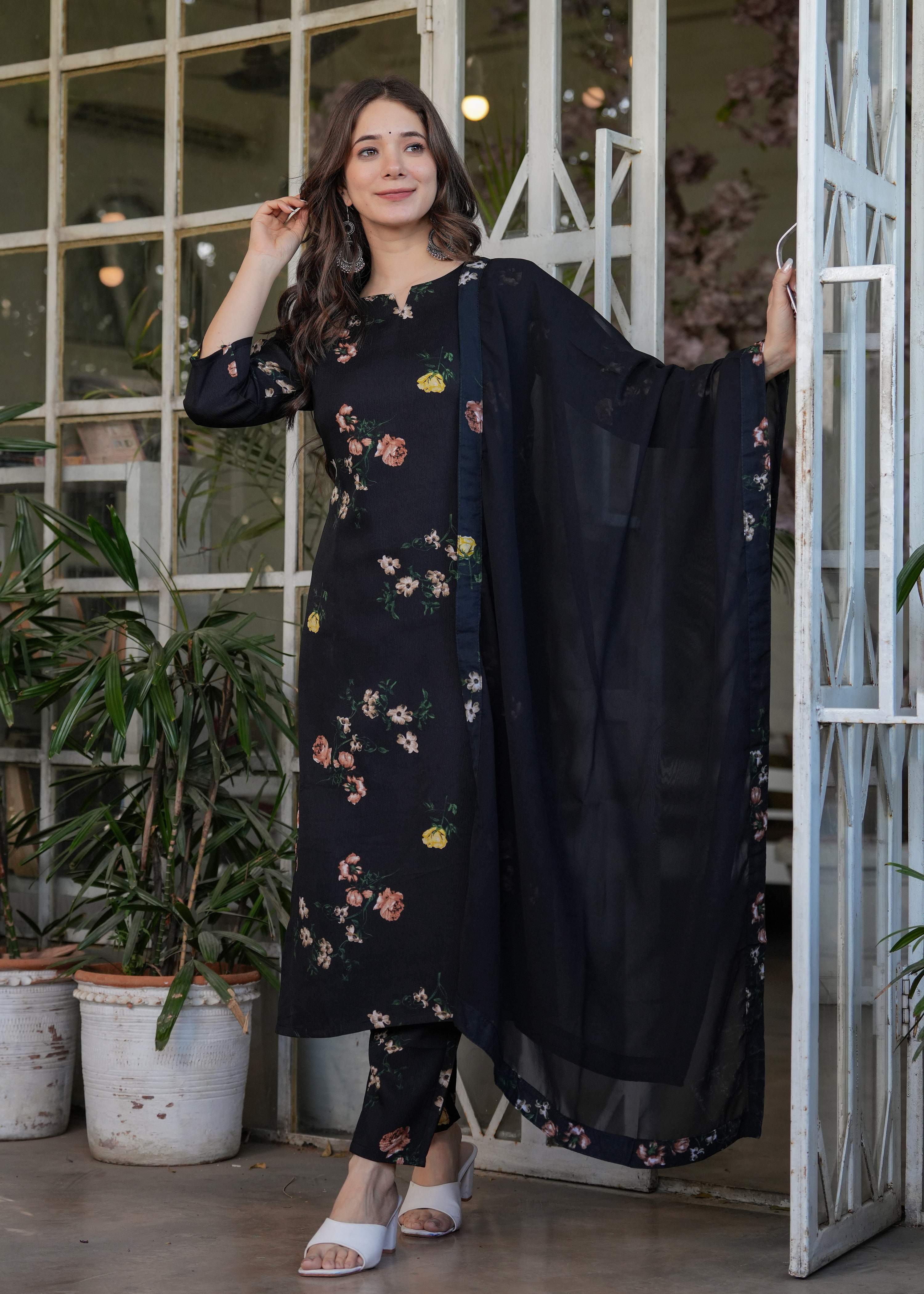 Sonakshi Women's Black Silk Blend Digital Kurta Set with Dupatta - Distacart
