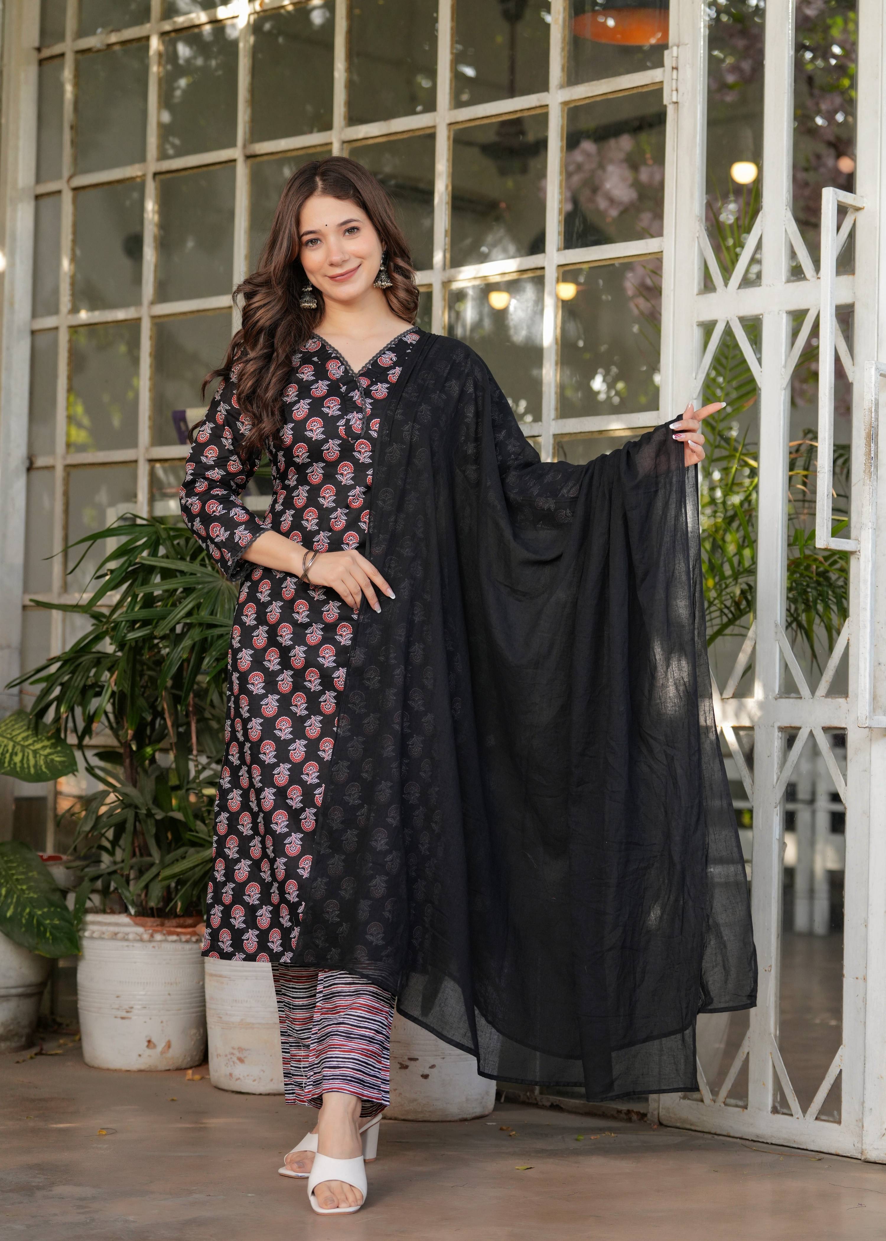 Sonakshi Women's Black Pure Cotton Digital Print Kurta Set with Dupatta