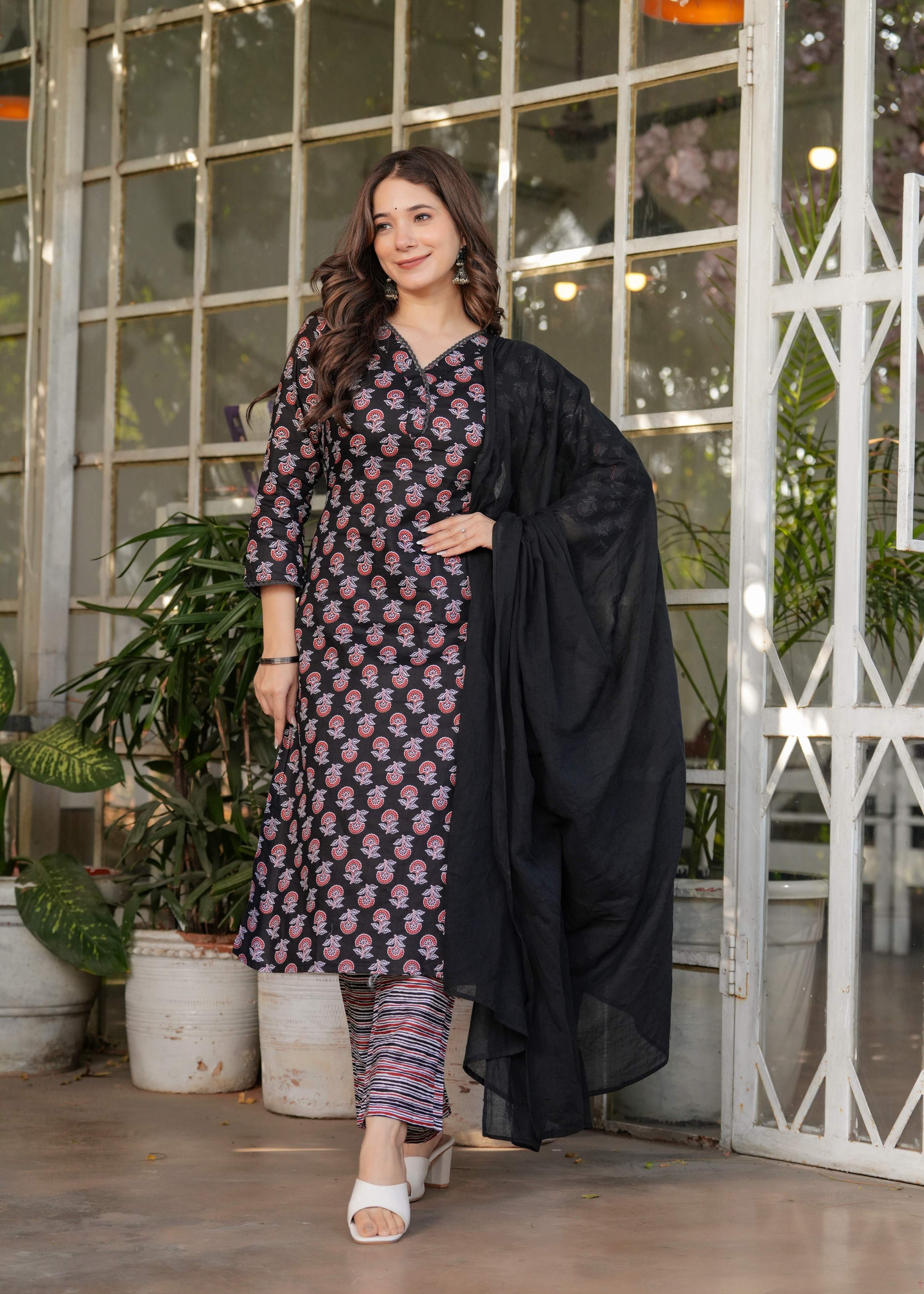 Sonakshi Women's Black Pure Cotton Digital Print Kurta Set with Dupatta