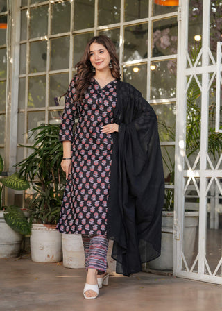Sonakshi Women's Black Pure Cotton Digital Print Kurta Set with Dupatta