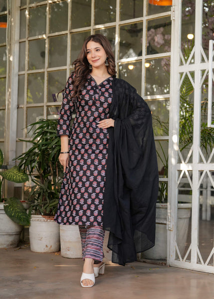 Sonakshi Women's Black Pure Cotton Digital Print Kurta Set with Dupatta