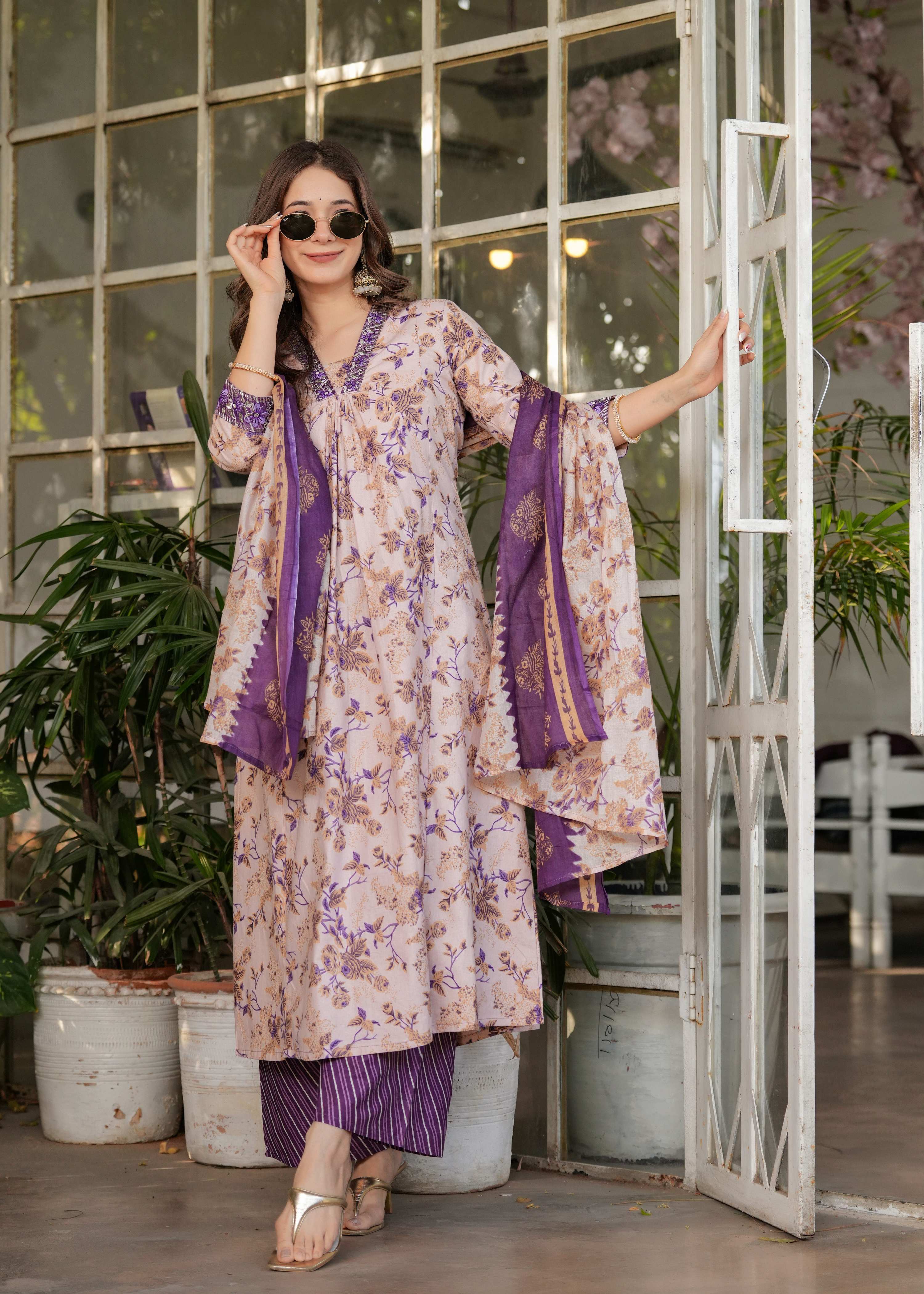 Sonakshi Women's Purple Pure Cotton Digital Print Kurta Set with Dupatta