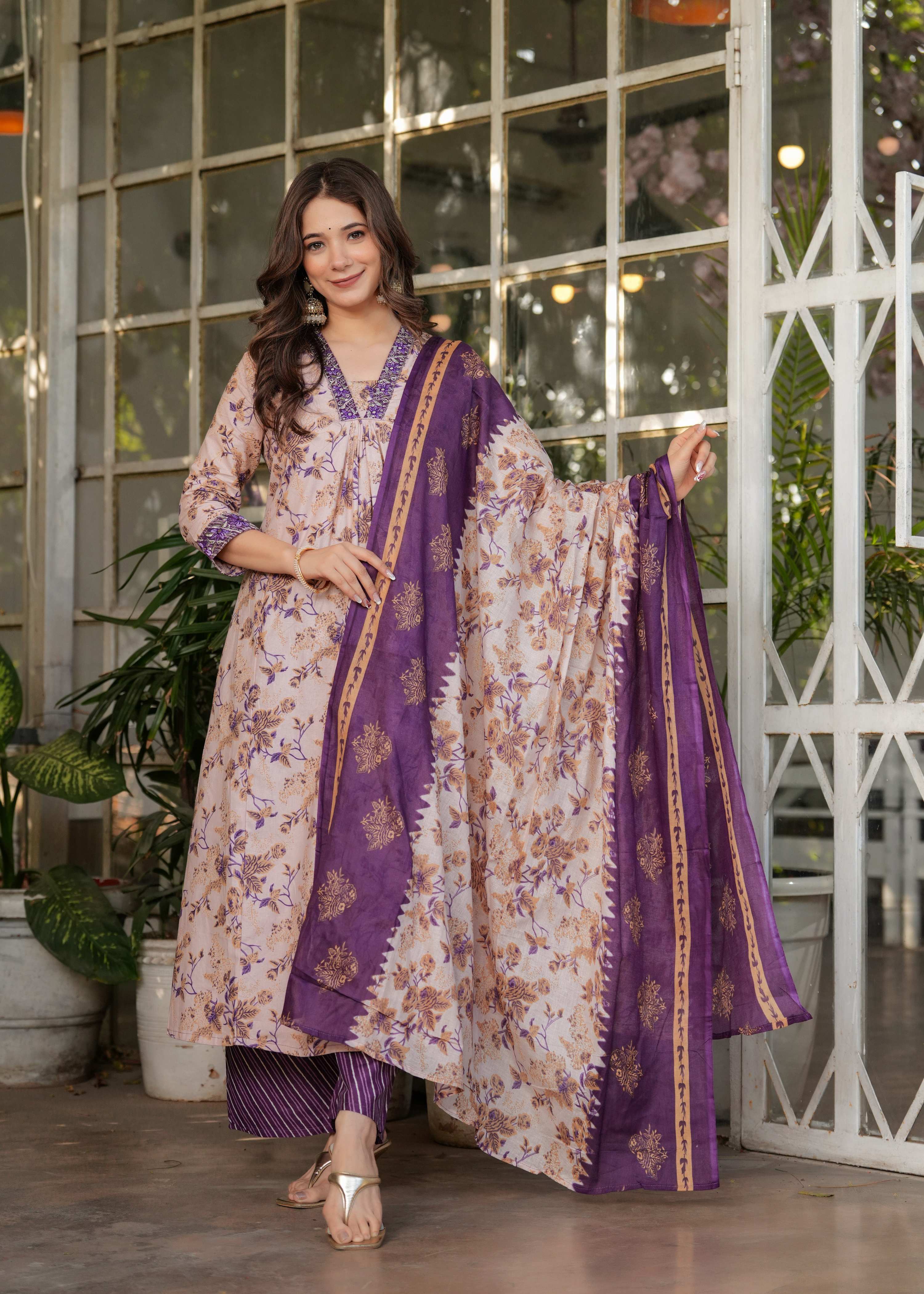 Sonakshi Women's Purple Pure Cotton Digital Print Kurta Set with Dupatta