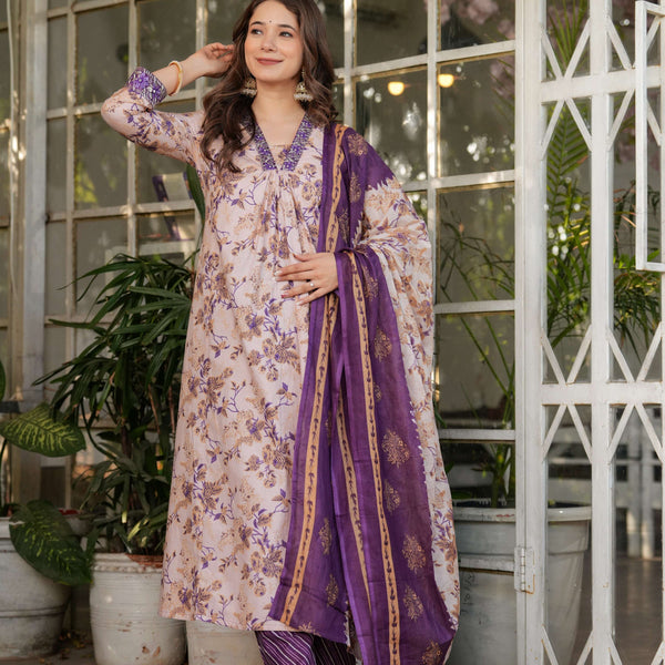 Sonakshi Women's Purple Pure Cotton Digital Print Kurta Set with Dupatta - Distacart