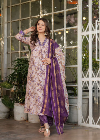 Sonakshi Women's Purple Pure Cotton Digital Print Kurta Set with Dupatta