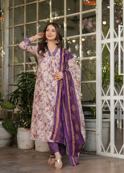 Sonakshi Women's Purple Pure Cotton Digital Print Kurta Set with Dupatta
