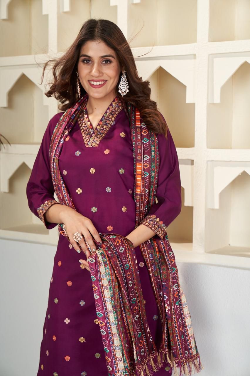 Sonakshi Women's Wine Viscose Chanderi Embroidered Kurta Set with Dupatta