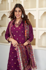 Thumbnail for Sonakshi Women's Wine Viscose Chanderi Embroidered Kurta Set with Dupatta