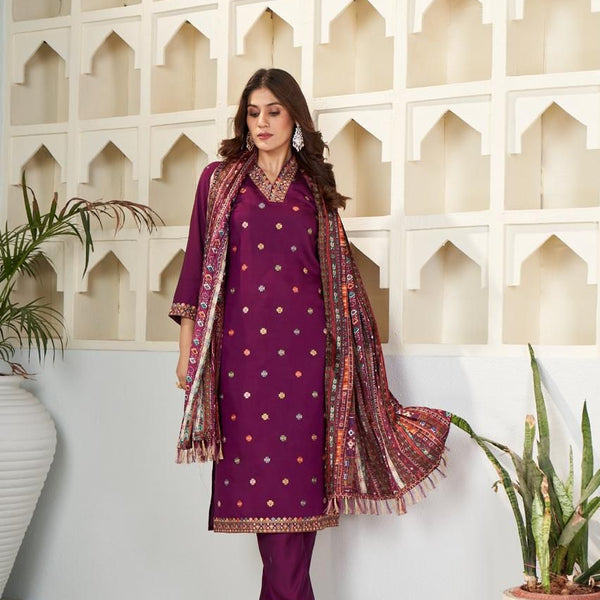 Sonakshi Women's Wine Viscose Chanderi Embroidered Kurta Set with Dupatta - Distacart