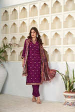 Thumbnail for Sonakshi Women's Wine Viscose Chanderi Embroidered Kurta Set with Dupatta