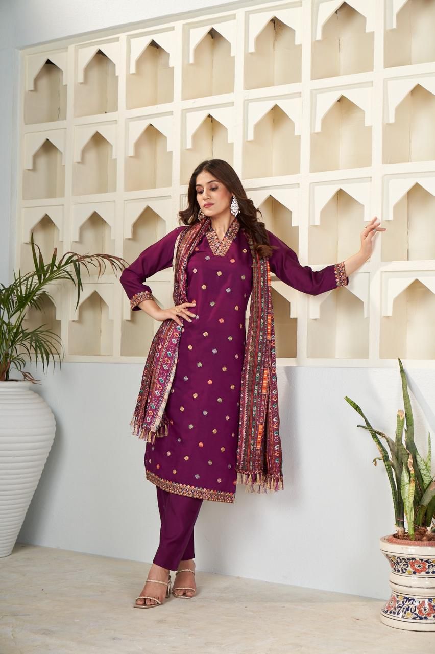 Sonakshi Women's Wine Viscose Chanderi Embroidered Kurta Set with Dupatta