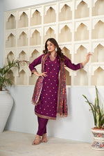 Thumbnail for Sonakshi Women's Wine Viscose Chanderi Embroidered Kurta Set with Dupatta