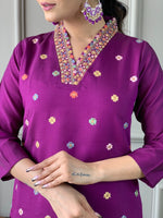 Thumbnail for Sonakshi Women's Purple Viscose Chanderi Embroidered Kurta Set with Dupatta