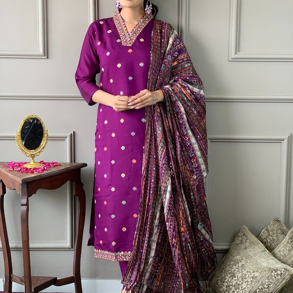Sonakshi Women's Purple Viscose Chanderi Embroidered Kurta Set with Dupatta - Distacart