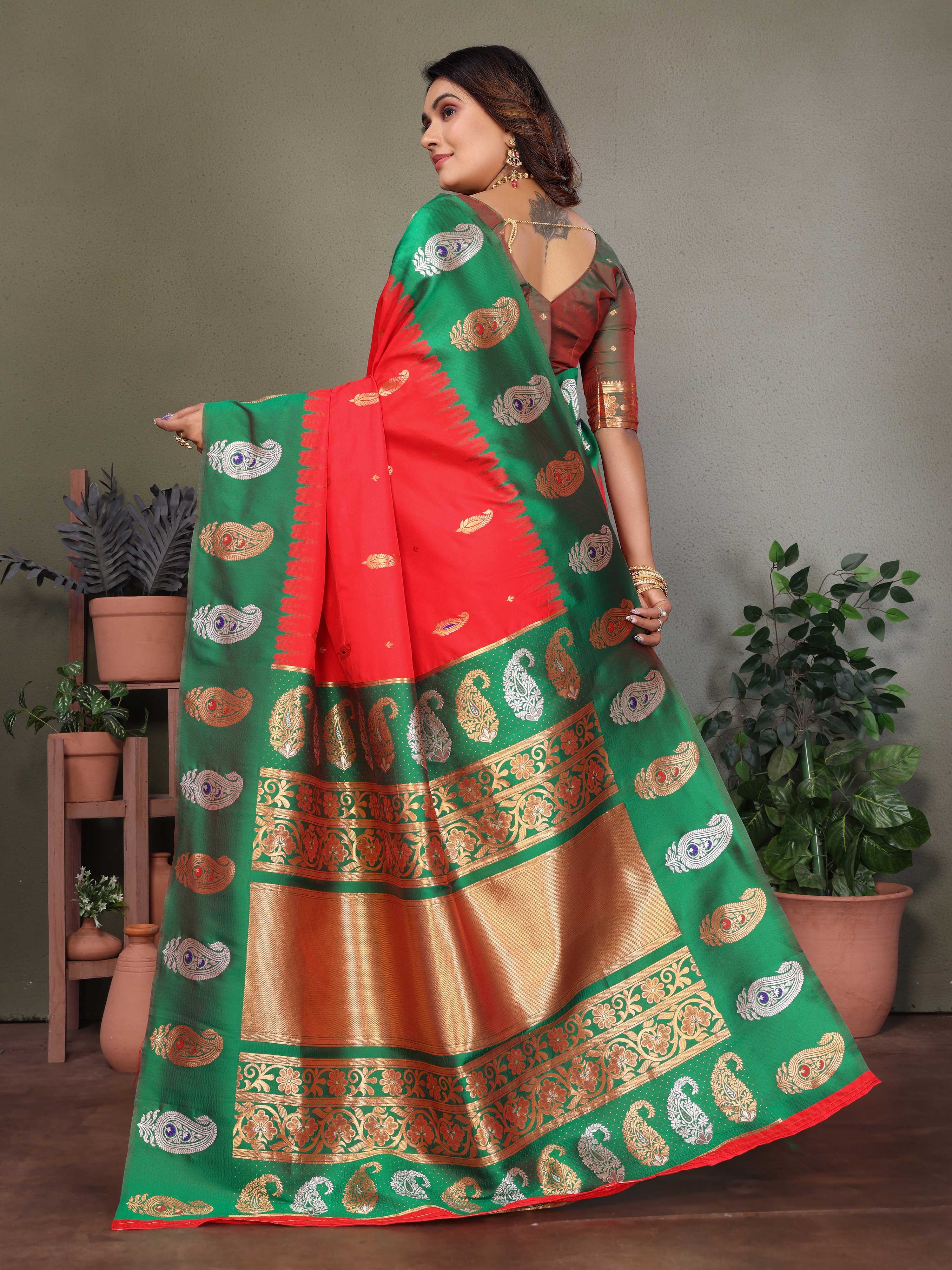 Sonakshi Women's Red Banarasi Silk Zari Woven Traditional Saree with Blouse