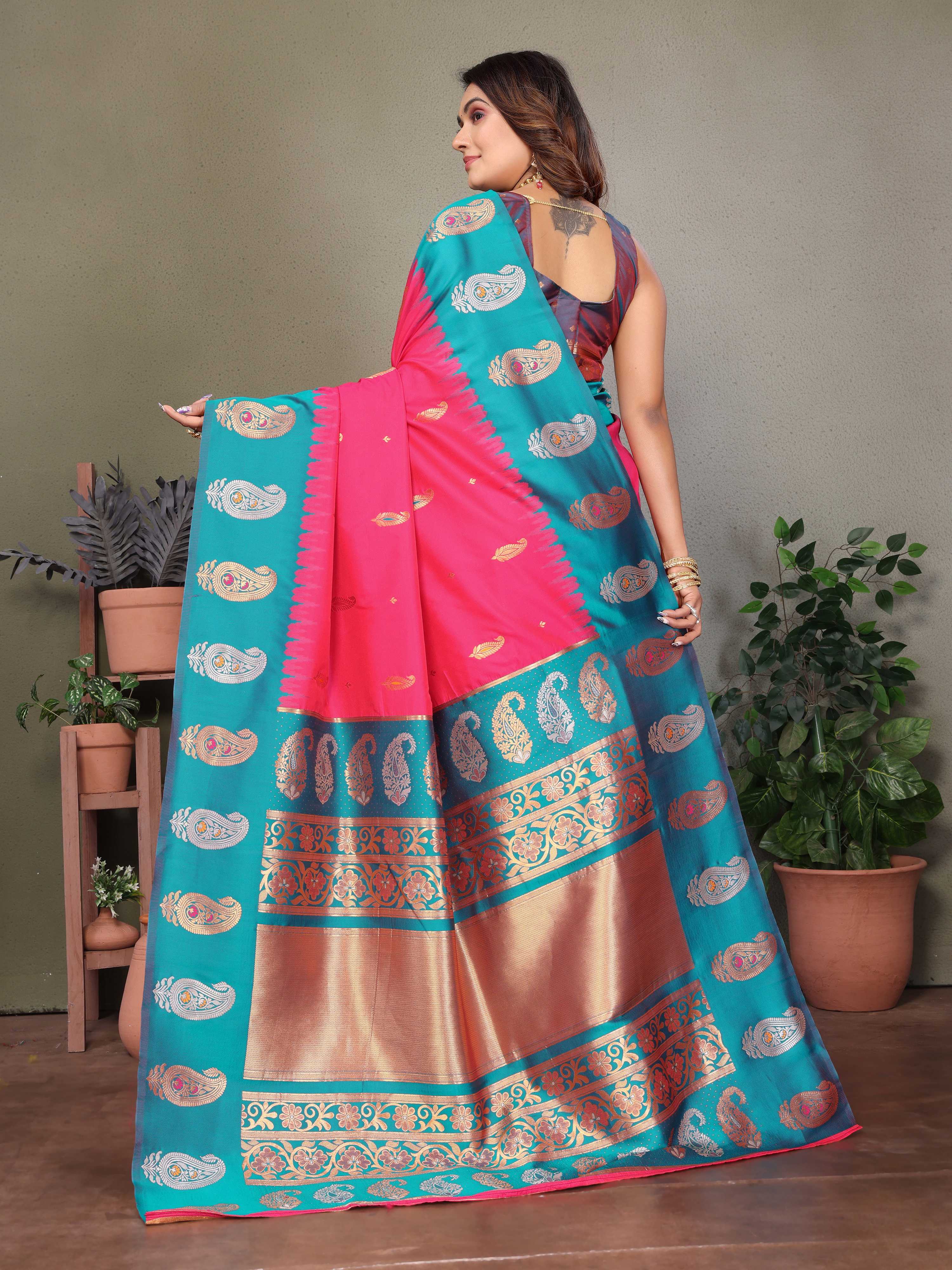 Sonakshi Women's Maharani Banarasi Silk Zari Woven Traditional Saree with Blouse