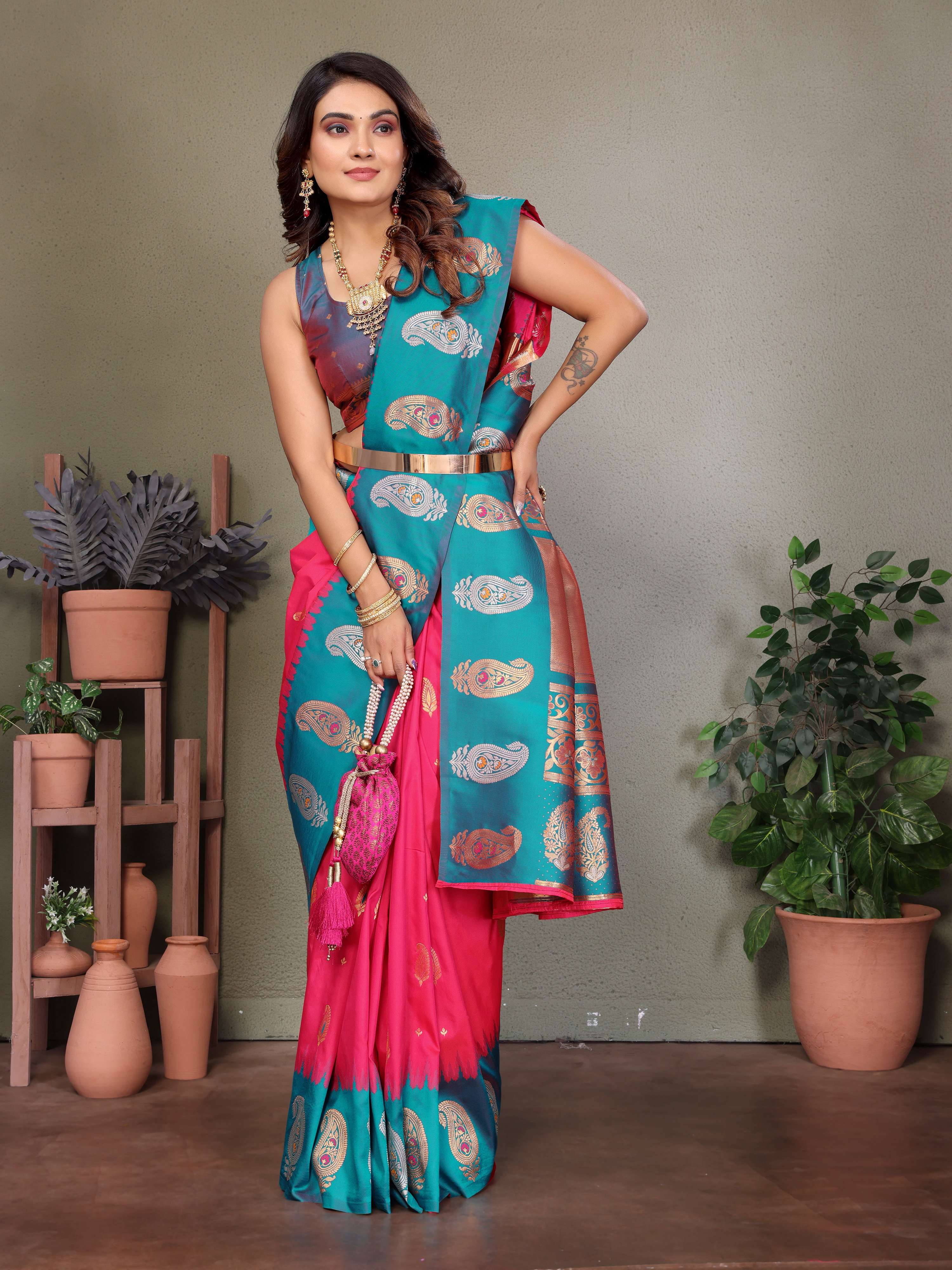 Sonakshi Women's Maharani Banarasi Silk Zari Woven Traditional Saree with Blouse