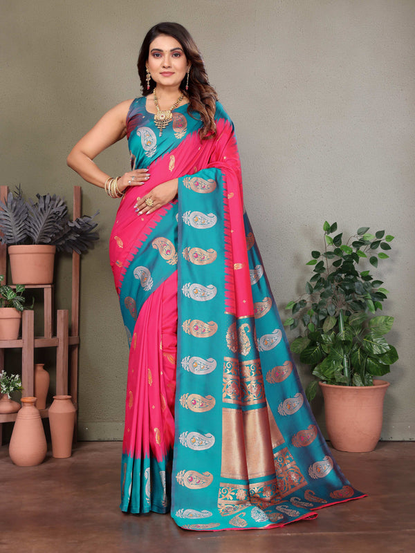 Sonakshi Women's Maharani Banarasi Silk Zari Woven Traditional Saree with Blouse