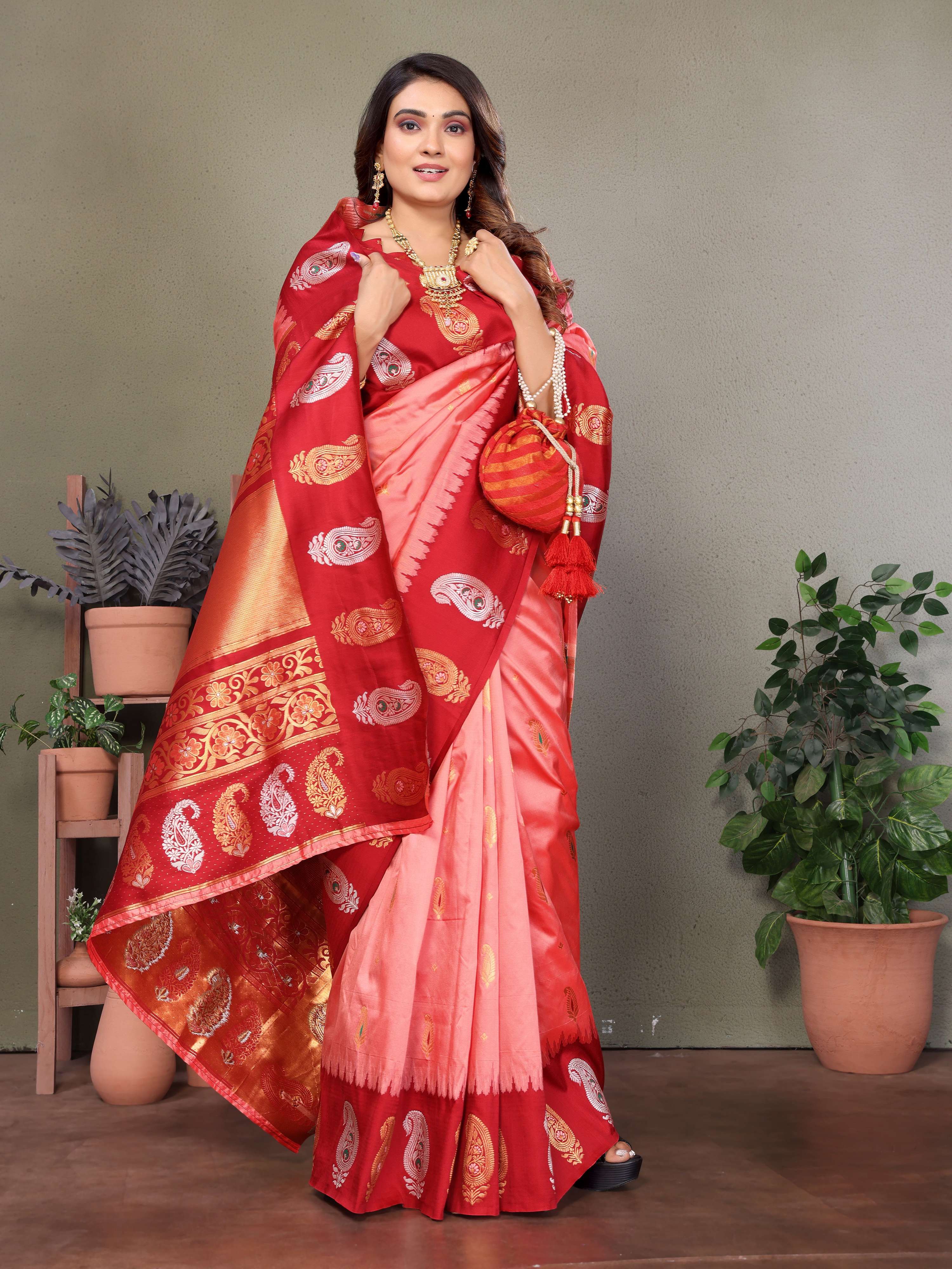 Sonakshi Women's Pink Banarasi Silk Zari Woven Traditional Saree with Blouse