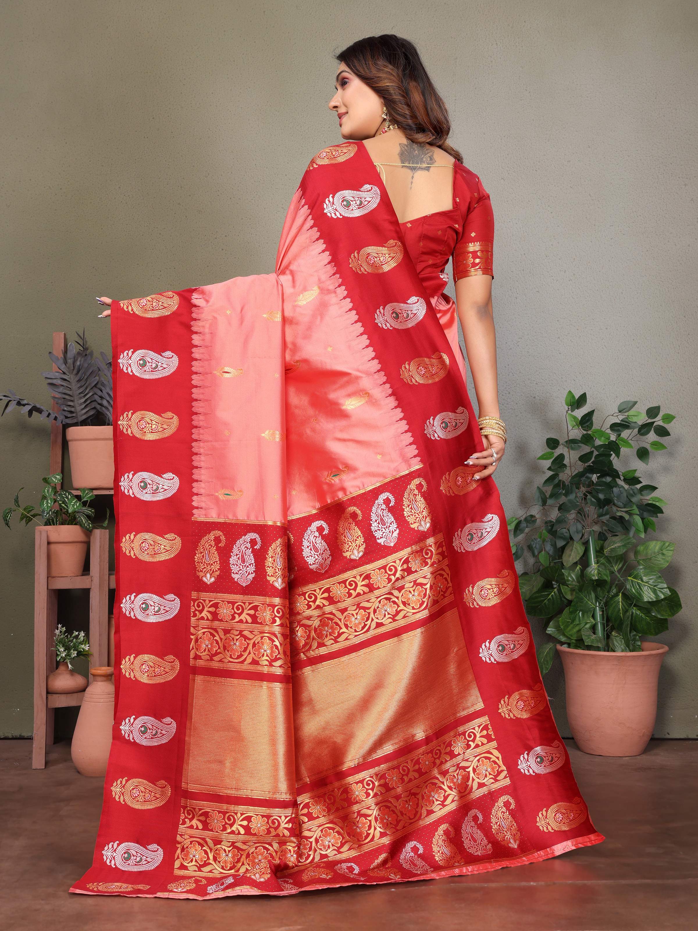 Sonakshi Women's Pink Banarasi Silk Zari Woven Traditional Saree with Blouse