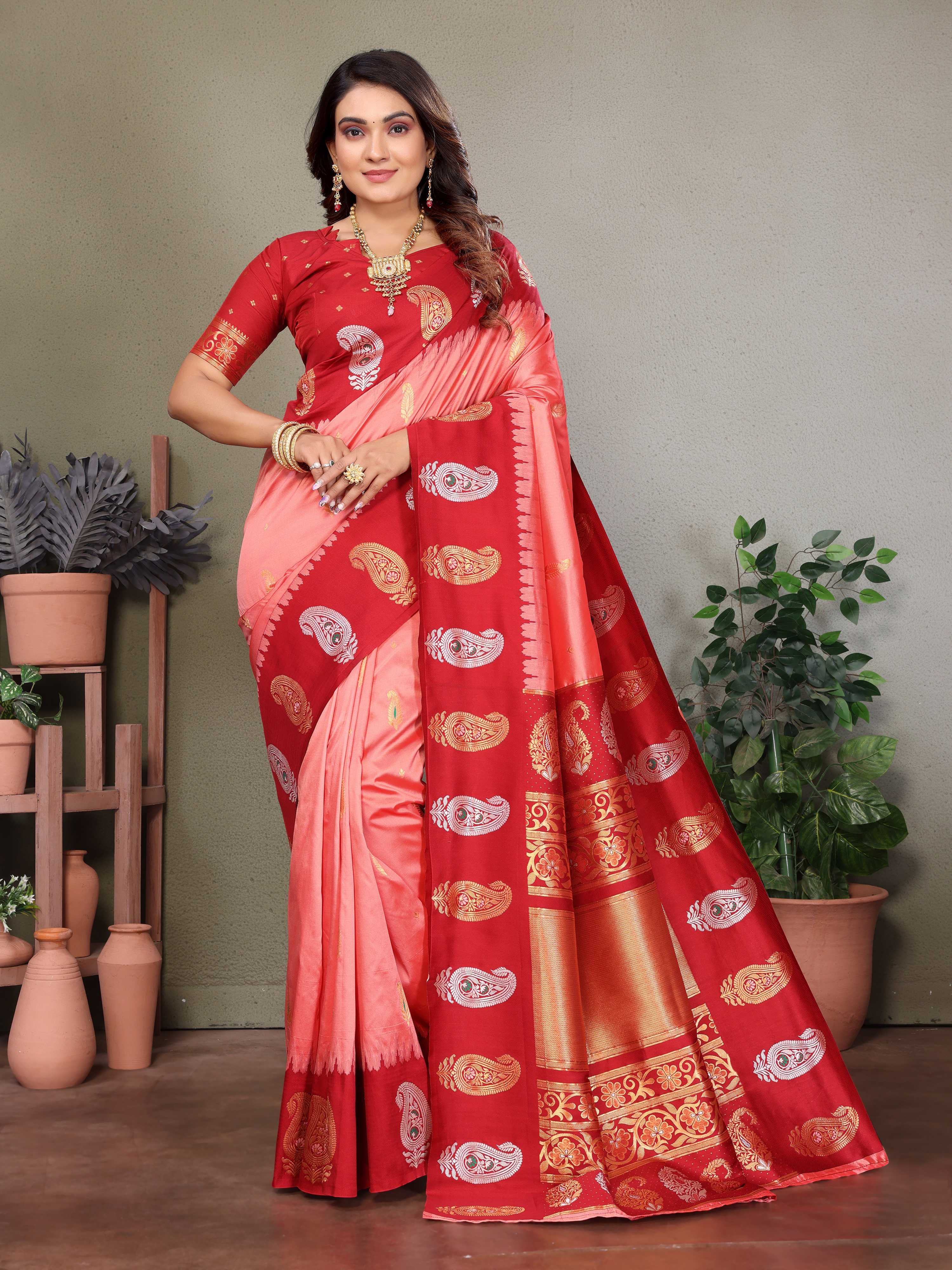 Sonakshi Women's Pink Banarasi Silk Zari Woven Traditional Saree with Blouse