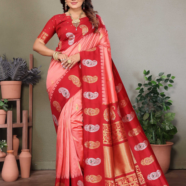 Sonakshi Women's Pink Banarasi Silk Zari Woven Traditional Saree with Blouse - Distacart